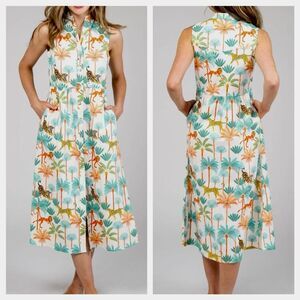 Beau and Ro Midi Dress Emily Shirt White Safari Print Sleeveless size M